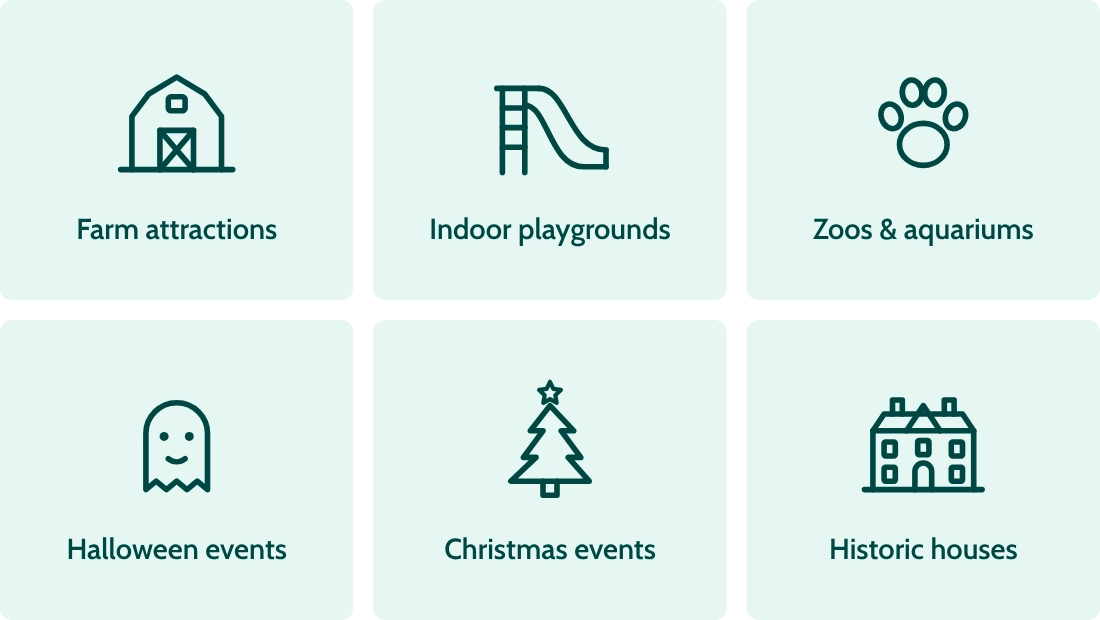 Icons for farm attractions, indoor playgrounds, zoos and aquariums, Halloween events, Christmas events and historic houses